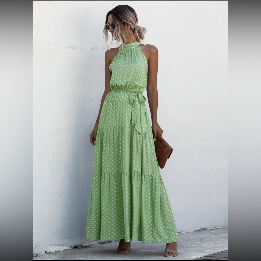Polka Dot Halter Maxi Dress in Light Green